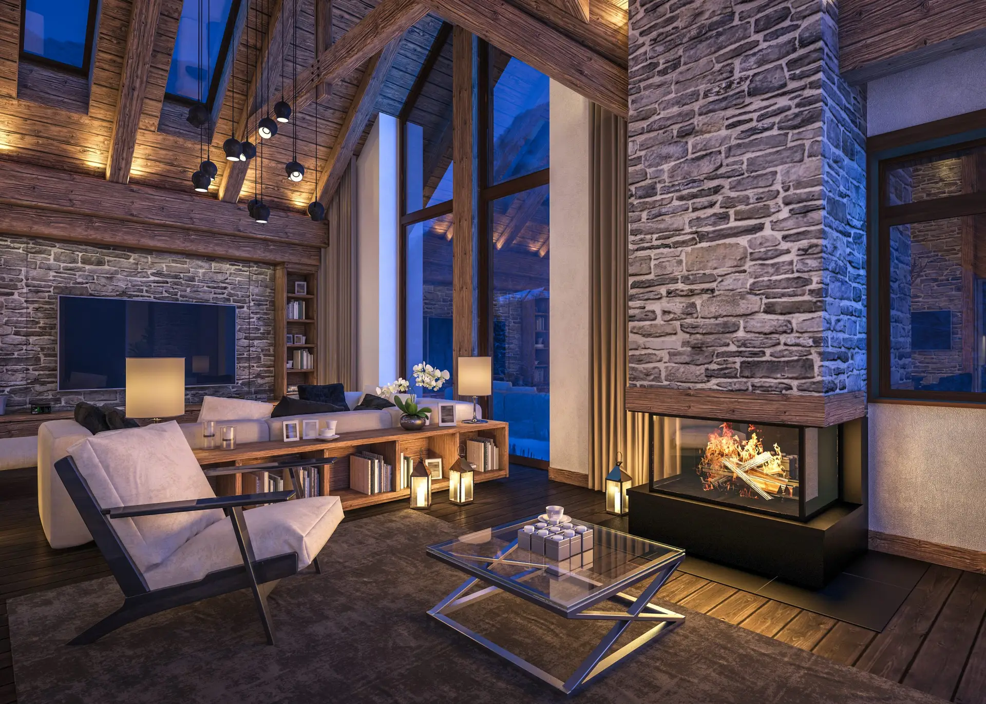 3d,Rendering,Of,Cozy,Living,Room,On,Cold,Winter,Night