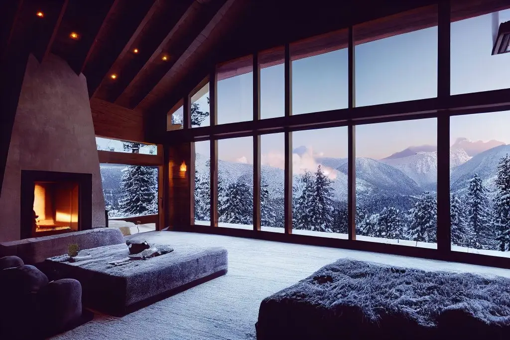 The cozy interior of a house with big windows to the snowy forest and a fireplace