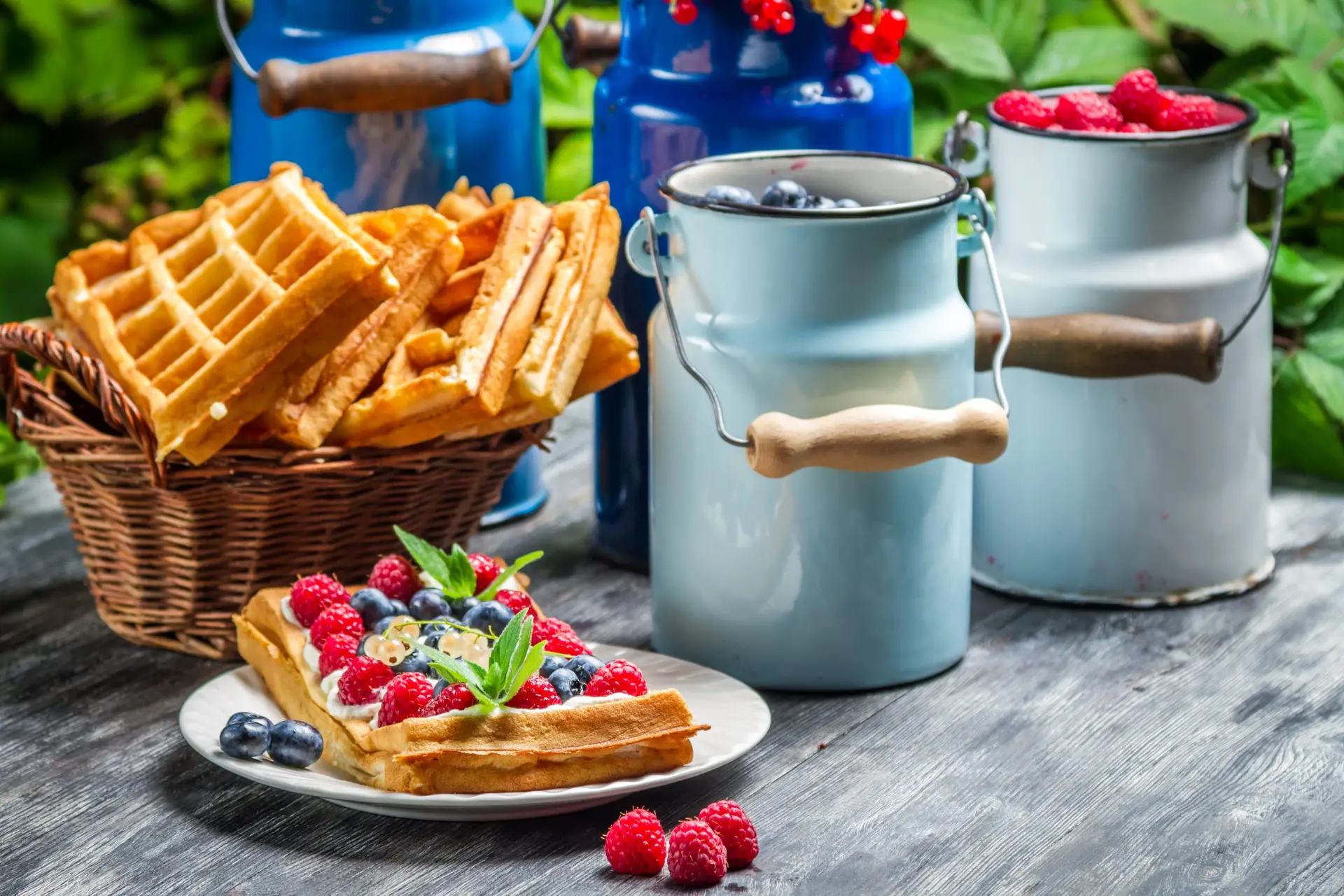 Waffles with whipped cream and fruit